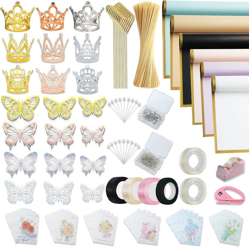 XEUZK 430Pcs Floral Wrapping Paper Kits, &120Sheet Waterproof Floral Paper, RibbonX3 Bamboo SticksX50, Tape Dispenser,Tape X2, Flower PinsX150, ButterfliesX48, CrownsX9, Greeting CardX30 for Wrapping - Image 1